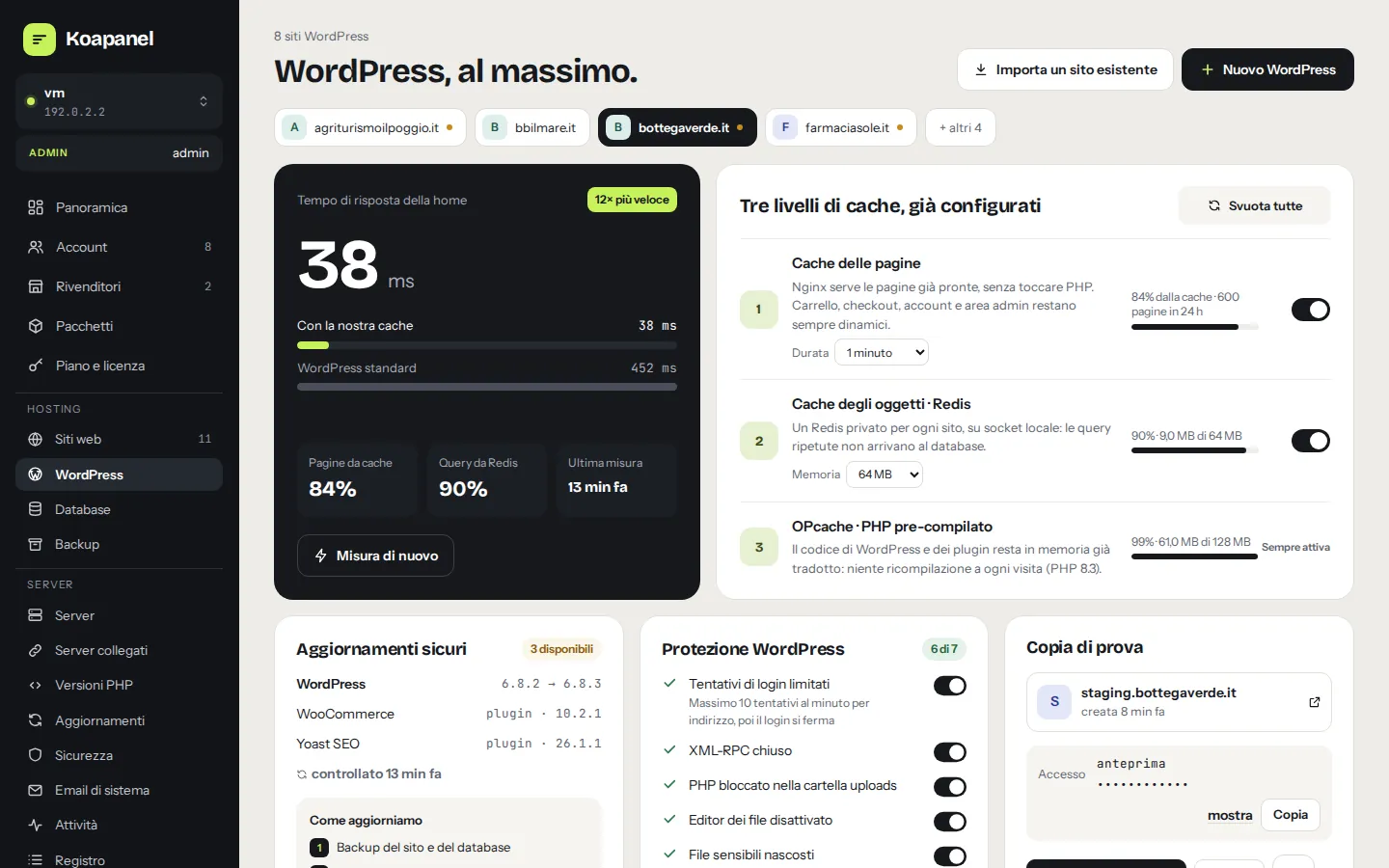 La sezione WordPress di Koapanel: tempo di risposta della home, tre livelli di cache e aggiornamenti sicuri